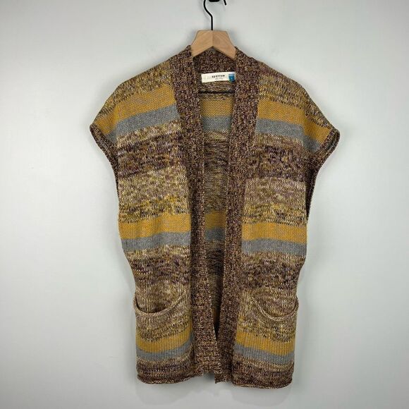 Sparrow Long Open Front Yellow & Brown Multicolored Knit Sweater Vest - Picture 1 of 7